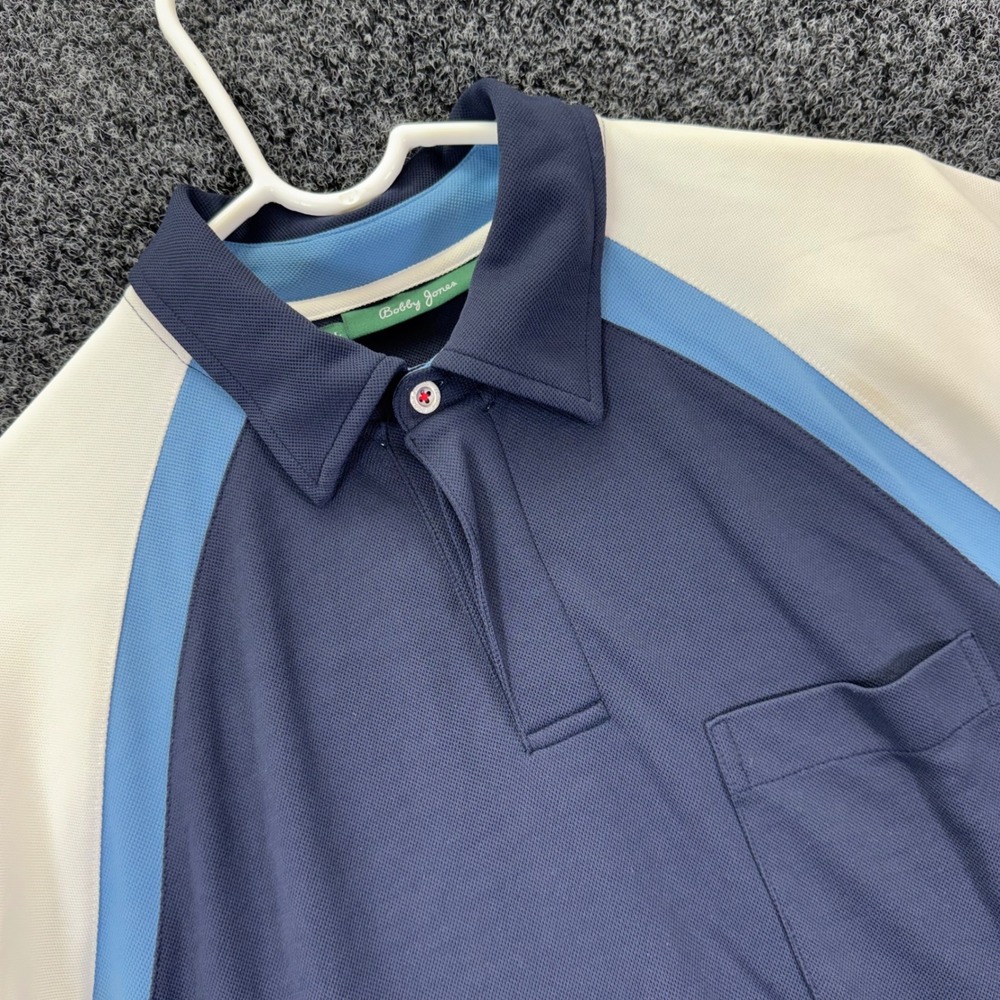 Bobby Jones Mens Large Golf Polo Shirt Navy Blue Cream Colorblock Pocket‎ X-H20